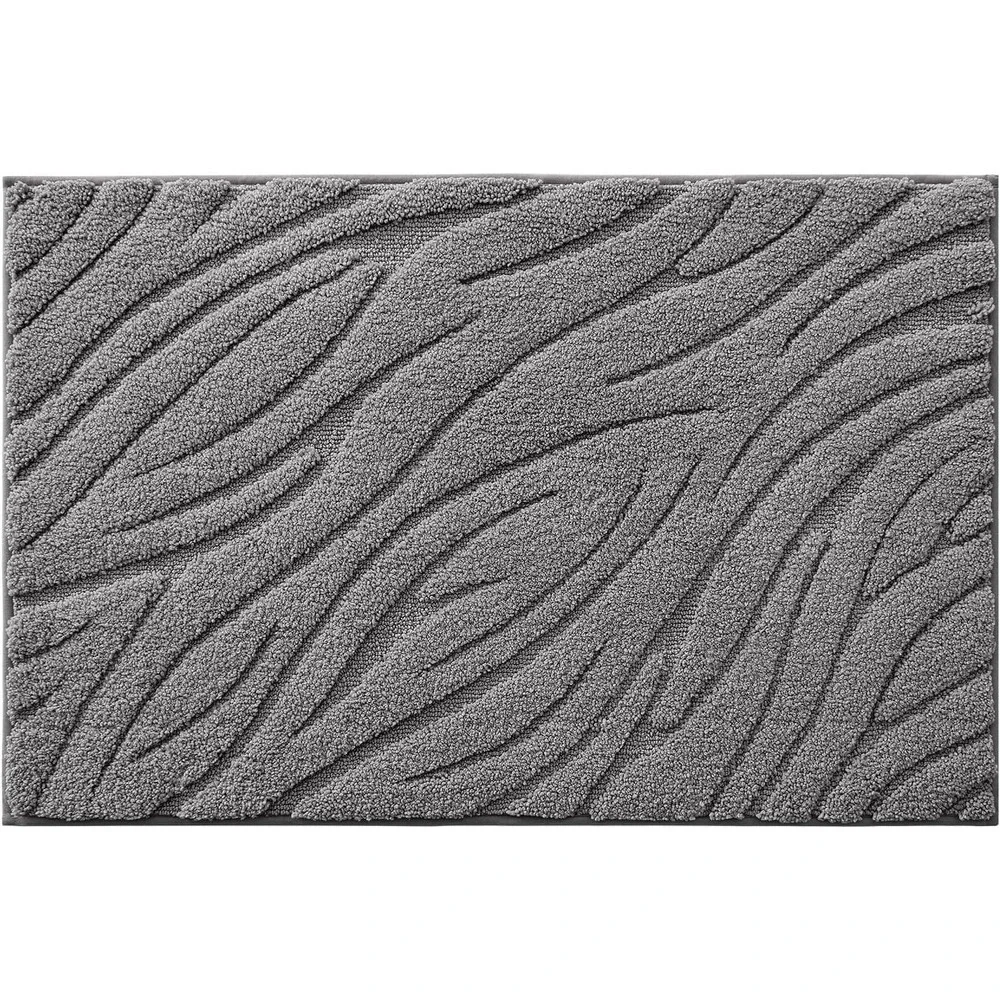 Grey Wavy Textured Microfiber Bath Mat Non-Slip Absorbent Rug 24x43in